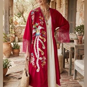 ASOS Velvet Hibiscus Pink Fringe Sleeves Peacock Embroidered Kimono Duster XL